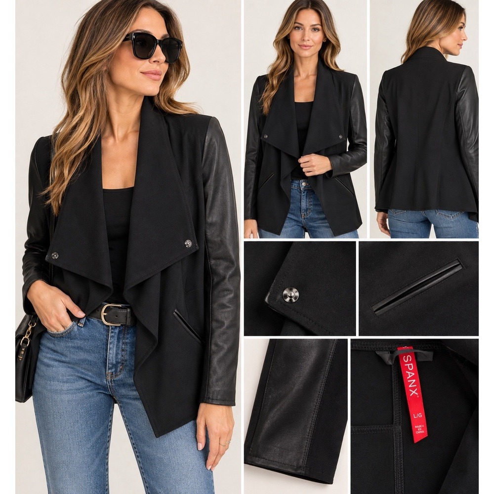 Spanx Womens Jacket Drape Front Ponte Fabric Very Black Size Large(11-b55)